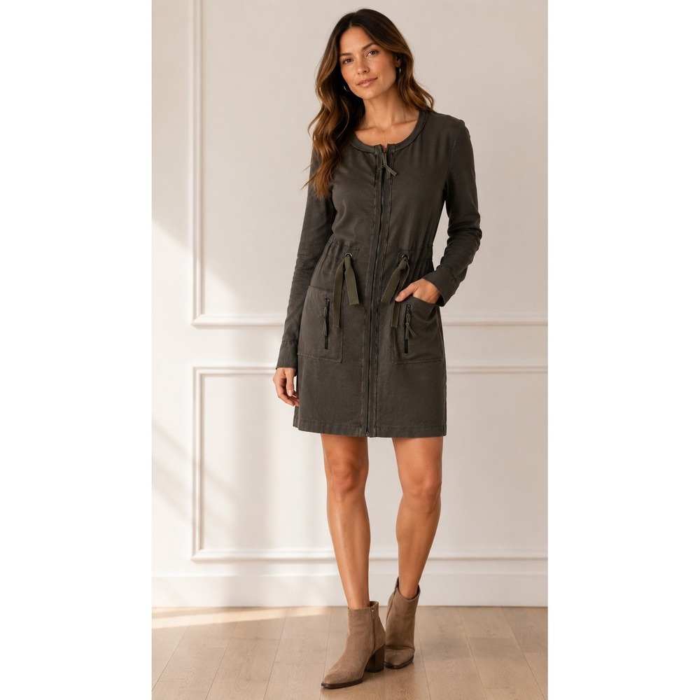 Elie Tahari Zip Front Utility Dress Women 2 Brown Linen Blend Mini Luxury Preppy